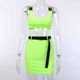 Spaghetti straps sexy skirt 2 two piece set summer women fashion neon green skirts sets party streetwear