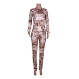 Print pleated casual long sleeve pant suit two-piece high quality fitness set two pieces