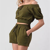 X00124M 2021 Hot sale Women Casual crop-neck lace-up jacket and shorts two-piece set Sweet sportswear