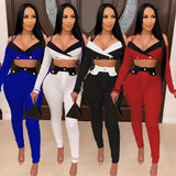 2021 hot sale Tight matching color short long sleeve condole belt crop suit casual women's 2 pieces set in stock