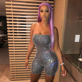 Silver Glitter Sexy Romper Women Jumpsuit Bandage Bodycon Jumpsuits Summer Festival Rave Clothes Club Playsuit