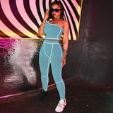 Fitness sport women two piece set one shoulder top leggings striped patchwork 2 pcs black tracksuits