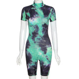 turtleneck short sleeve romper women summer fitness bodycon tie dye playsuit skinny 2020 fashion streetwear casual