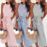 Elegant Sexy Jumpsuits Women Sleeveless Striped Jumpsuit Loose Trousers Wide Leg Pants Rompers Belted Overalls