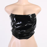 X02114C PU Black Patent Boned Corset Crop Tops for Women Sleeveless Backless Club Party Ruched Sexy Strapless Top Cropped