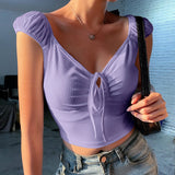 X00203L V-neck lace-up chest slimming short sleeve T-shirt+Pure color sweet wind ruffled women top