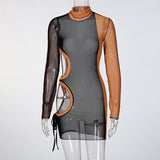 buttock sexy autumn dress Fashionable new stitching long sleeve gauze see-through sexy dress