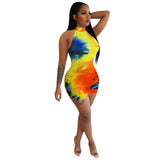 Tie Dye Women Bodycon Dresses Sleeveless Fashion Skinny Casual Mini Dress 2021 Summer Slim Hot Clubwear