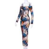 Off Shoulder Sexy Cut Out Sexy Women Maxi Dresses Skinny Print Party Clubwear Hot Long Sleeve Fashion Bodycon Dress Hot