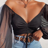 X00173C Drawstring Ruched Sexy Blouse Women Puff Sleeve Off Shoulder Sheer Female Tops and Blouses Shirts Short Streetwear