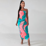 Hot style strapless dress 2021 summer new fashion sexy print MIDI skirt