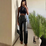 X00749L Fashion minority design sense of double pocket long leather pants sexy slim personality PU leather pants woman