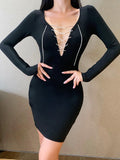 2020 sexy V-neck long sleeve drill chain lacing dress for women in hot club