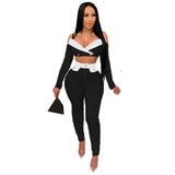 2021 hot sale Tight matching color short long sleeve condole belt crop suit casual women's 2 pieces set in stock