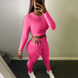 Bandage Sexy Solid Two Piece Sets Women 2021 Autumn Pullover Crop Top+Leggings Stretchy Skinny Streetwear Co-ord Outfits