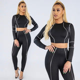 Women fitness sport two piece set outfits top leggings striped patchwork fashion 2 pcs tracksuits