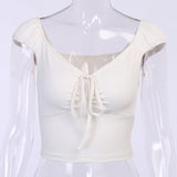 X00203L V-neck lace-up chest slimming short sleeve T-shirt+Pure color sweet wind ruffled women top