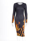 Phoenix slim waist skirt autumn feminine temperament individual print long sleeve dresses