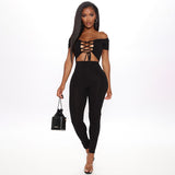 Phoenix Women's short shoulder sleeves and hollowed-out crop umbilicus with lacing jumpsuit