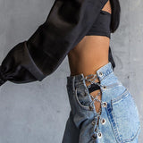 X00703S Hollow-out sexy side chain with high-waisted jeans for women versatile slim straight pants