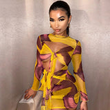 Phoenix Fashion sexy print long sleeve dress+Sexy hollow-out see-through mesh slim printed dress