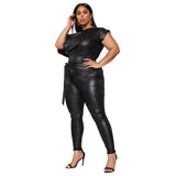 Phoenix Hot style jumpsuit casual PU leather pants new leggings with one shoulder sexy leather bodysuit jumpsuit