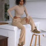 Fashionable long - sleeved high - necked wide - leg trouse+Solid color slim long sleeve trousers two-piece set