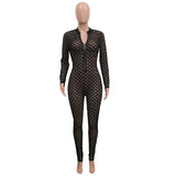 2020 new style autumn hot sale Sexy hollowed-out black lace eyelet long-sleeve zipper one-piece trousers