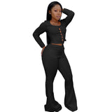 X01061M Casual women's two pieces set Lace-up long-sleeved tops and Flared trousers outfit Plus size solid color suit