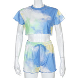 X00185M 2021 new style Fashion women's new sexy navel round collar casual loose tie-dye printed T-shirt shorts set