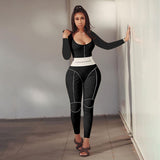 Sporty Active Wear Rompers Womens Jumpsuit Patchwork Ribbed Letter Print Long Sleeve Workout Bodycon Overalls One Piece