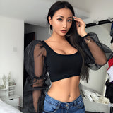 X00822C Sexy Mesh See Through Perspective Lantern Long Sleeve Crop Tops Women Backless Patchwork Slim U-Neck T-Shirt