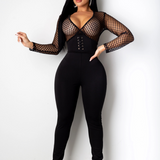 New arrival hot sale women jumpsuits+Fashion mesh spliced deep lady's jumpsuit