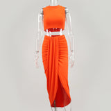 X00439M Fashionable and sexy Two - piece dress with pleated slit and tank top in plain color suit