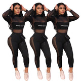 X00473M new fashion Women's sport casual trouser suit Sexy new gauze letter two - piece leisure suit