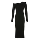 2020 New irregular sexy oblique shoulder-split bag hip high waist MIDI dress black in stock