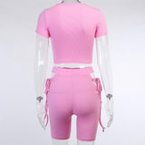 X01416C tracksuit women casual ribbed sporty solid matching set short sleeve+bandage hollow out biker shorts stretchy slim