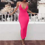 2020 summer women sexy strap v-neck dress solid Neon color sleeveless skinny long dress female fashion vacation clothes