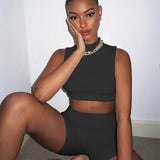 X01191C solid sleeveless crop top two piece set women elastic hight summer biker shorts 2021 new fashion casual clothes skinny