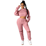 2021 New hooded ripped off-the-shoulder hoodie sexy long-sleeved sports suit casual jogging suit stacks plus size