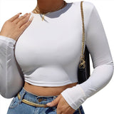 X01139S Round neck long sleeves rubber band bare back solid color tight versatile top woman tops fashionable