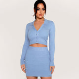 X01378C Knitting Ribbed Fashion Women Two Piece Sets long Sleeve Casual Bodycon Outfits Button Crop Top And Skirt Set