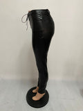 X01798C Winter hot sale stretchy women's pu leather pants drawstrings warm add soft velvet trousers