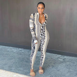 Panelled Leopard Pattern Printed Zipper Jumpsuit Women Skinny Elastic Turtleneck Autumn Casual Street Style Female