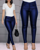 X01926C Solid Women Faux Leather Pant Side Slit Pencil Trousers Streetwear Elegant High Waist Office Lady Vintage Leisure Pants