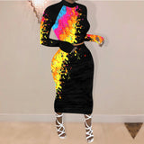 X00504M Women's long-sleeve dress graffiti print two-piece long-sleeve dress suit