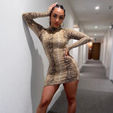 Sexy Backless Serpentine Print Mini Bodycon Dress Women Fall Chic Package Hip Streetwear Female Casual Party Club Cloth