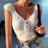 X00203L V-neck lace-up chest slimming short sleeve T-shirt+Pure color sweet wind ruffled women top