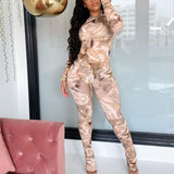 Print pleated casual long sleeve pant suit two-piece high quality fitness set two pieces