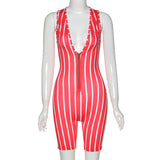 v-neck zipper romper women summer clothes striped rompers fitness playsuits sleeveless elastic hight sport wear female